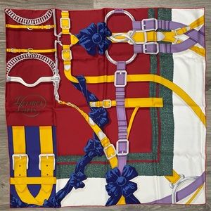 Hermes Grand Ménage Detail Red Silk Scarf